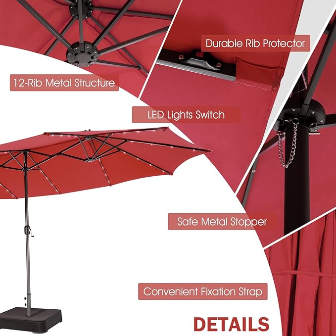 Giantex 15 FT Double Patio Umbrellas with 48 Solar LED Lights, Auto-Charging Panel, Crank System, Outdoor Extra-Large Rectangle Market Table Umbrella for Garden Deck Backyard Beach Pool
