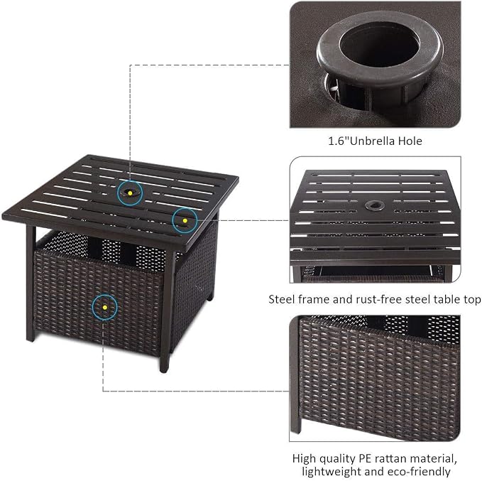 SPSUPE Brown Patio Rattan Umbrella Side Table, Steel Outdoor Furniture with Umbrella Hole, Deck Garden Pool Umbrella Side Table