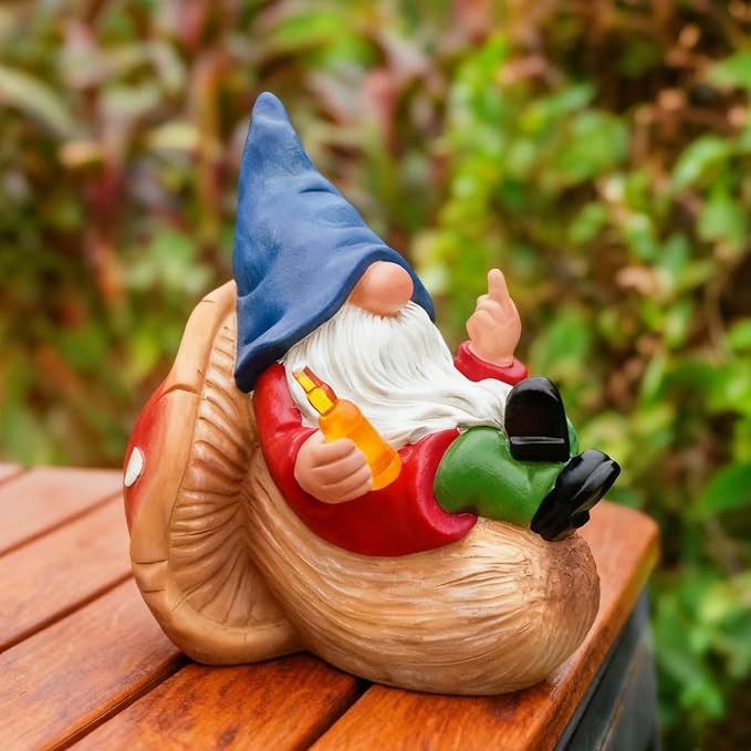 Middle Finger Gnome Statue Naughty Garden Gnomes Funny Drunk Gnome on Mushroom Indoor Outdoor Summer Decoration for Yard Lawn Home Christmas Birthday Gag Gift