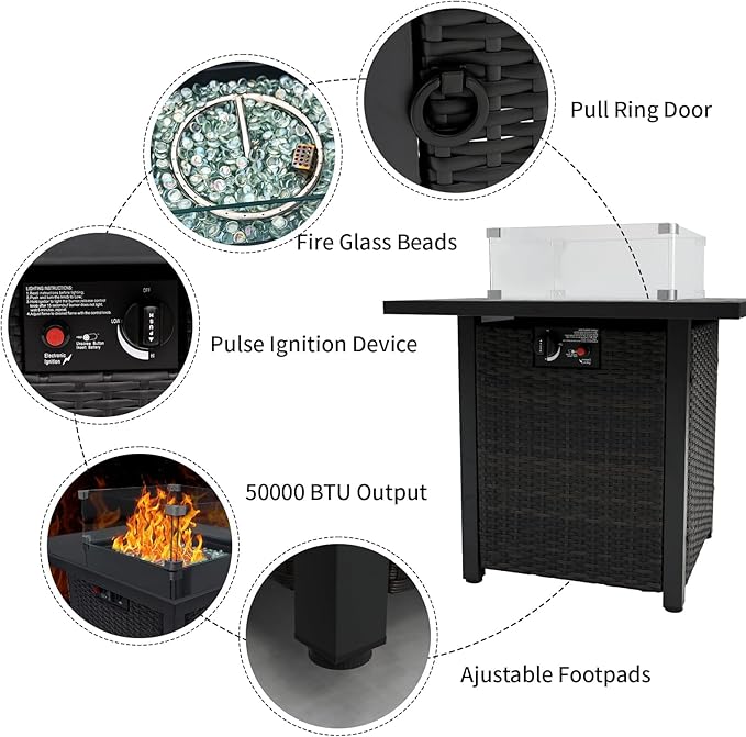 Propane Outdoor Fire Pit Table, 28" Rattan Square Fire Pit Table, Outdoor Gas FirePit W/Glass Wind Guard, Fire Pit Table top With Lid, CSA Listed, 50,000 BTU, Outside Patio Deck & Garden, Brown