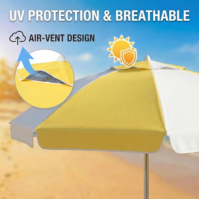 8FT Beach Umbrellas for Sand,Portable Outdoor Windproof Sun Umbrella with Push Button Tilt and Air Vent,UPF 50+ PU Coating for Patio Garden Pool Backyard