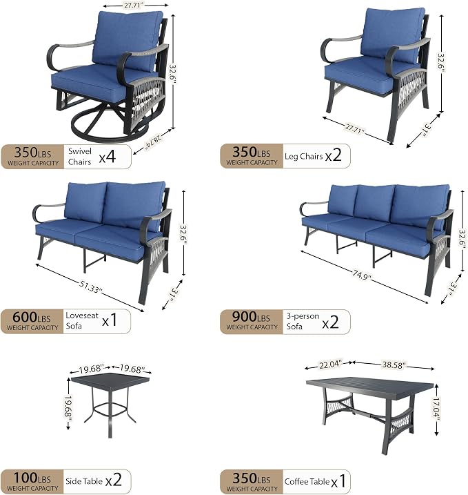 12 Pieces Patio Furniture Set, Metal Outdoor Conversation Sets with Swivel Chairs, Modern Couch Sofa Seating Group with Coffee Table and Side Table (Thick Blue Cushions)