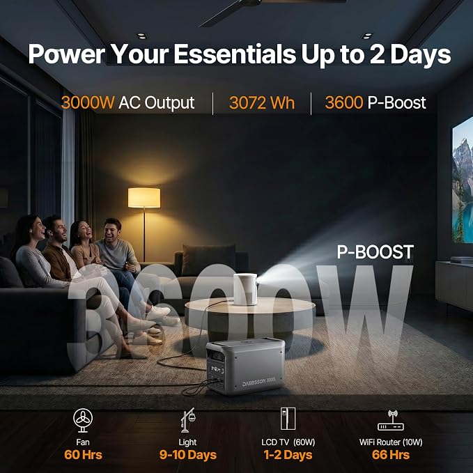 DABBSSON Portable Power Station 3000L, 3072Wh Semi-Solid LiFePO4 Battery, 3000W AC Output 6, 3600W Power Boost, Fast Charge, Solar Generator for Home Backup, Camping & RVs (Solar Panel Optional)