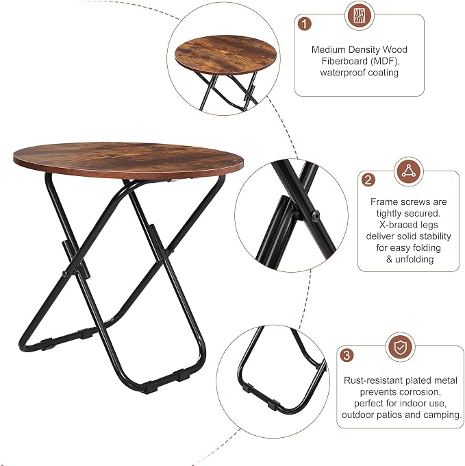 VECELO Patio Outdoor Side Table,17.7 inch Small Folding Table Round Waterproof Wood Table, Foldable Anti-Rust Metal Legs Snack Desk for Garden Balcony,Yard,Living Room