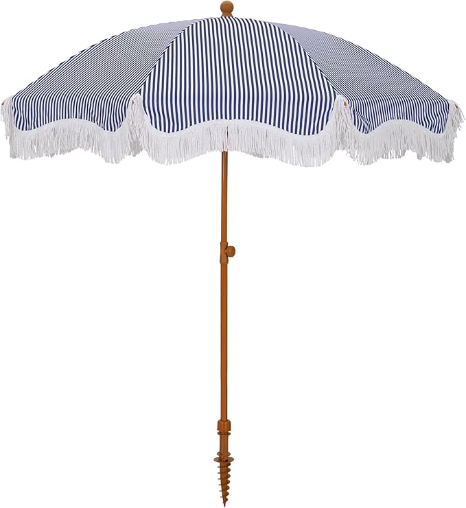 HERA'S PALACE 7ft Heavy Duty Beach Umbrella with Sand Anchor, Fringe Umbrella for Sand, UV 50+, Patio Umbrella with Tilt Pole for Garden Pool Backyard