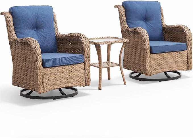 Outdoor Swivel Rocker Patio Chairs-Wicker Patio Swivel Chairs Set of 2 with Side Table PE Rattan Patio Furniture Set for Porch Deck Balcony Garden-Yellow/Blue