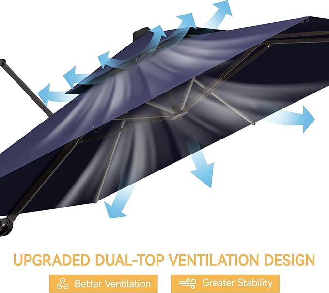 10x10 FT Patio Umbrella, Large Cantilever Double Top Heavy Duty Offset Umbrellas with 360° Rotation, Outdoor shade for Garden Deck Pool, Navy