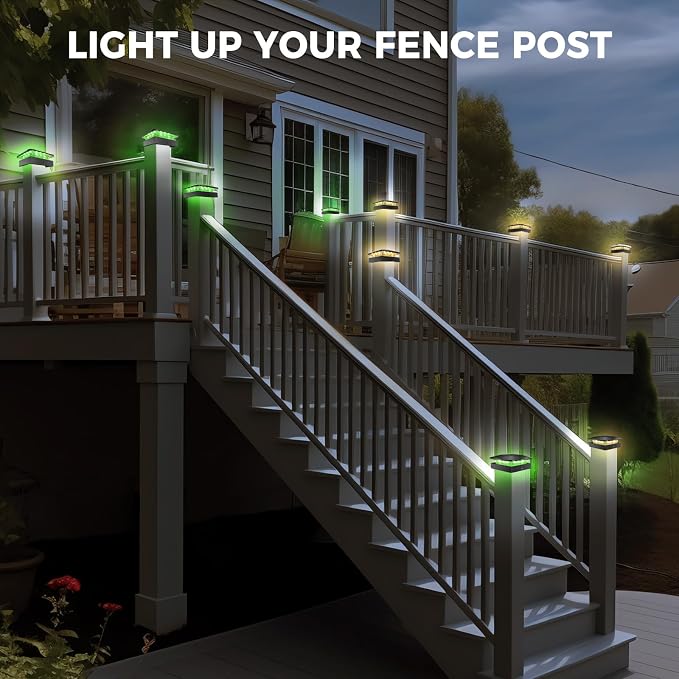 4x4 Solar Post Lights Outdoor, 4 Packs Green & Warm White LED Fence Caps Light Waterproof, Wood & Vinyl Post Top Lighting for Deck Mailbox Railing Porch Outside