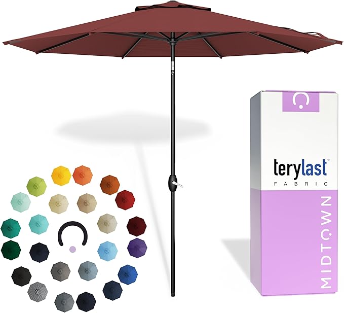 Midtown Umbrellas - 10-Year-No-Fade 9 Ft Patio Umbrella with Terylast Fabric, Auto-Tilt Aluminum Frame and 8 Reinforced Ribs for Deck, Pool, Garden & Beach - Cherry Burgundy Canopy, Black Pole