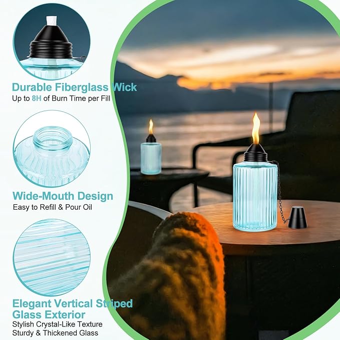 12oz Glass Table Torches 4 Pack, Citronella Refillable Tabletop Torch for Outside with Wick and Snuffer Cap, Outdoor Flame Lanterns for Garden Yard Patio Party Decor (Blue)