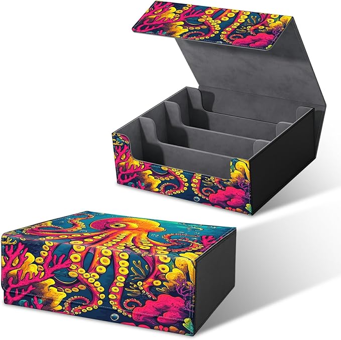 Large Card Deck Box for MTG, Fits 1200+ Sleeved Cards, PU Leather Storage Case with Strong Magnetic Closure, Multiple Colors for TCG CCG Baseball Card Collections, Octopus Ocean Bottom