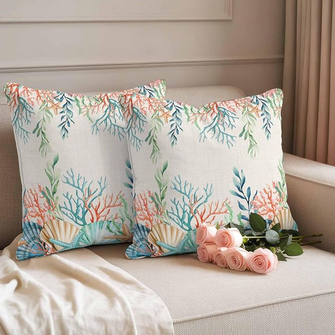 Throw Pillow Covers 16x16 Inch Set of 2, Summer Ocean Waterproof Outdoor Pillow Covers, Watercolor Coastal Coral Shell Seaweed Beige Decorative Cushion Pillowcases for Couch, Sofa, Bed, Garden, Patio