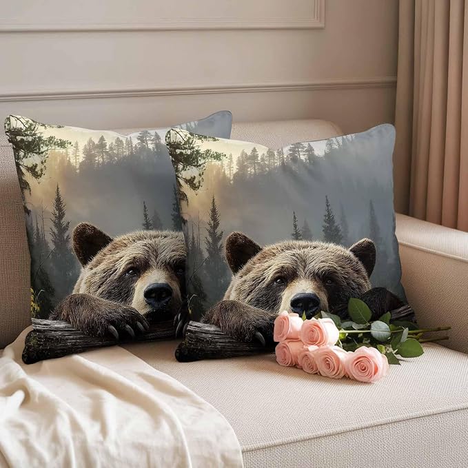 Bear Outdoor Pillow Covers 20"x20" Set of 2, Animal Wood Fence Forest Farmhouse Waterproof Throw Pillow Covers for Patio Furniture, Decorative Cushion Covers for Porch