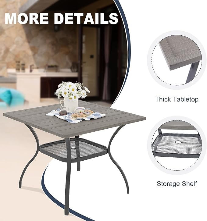 VICLLAX 5 Pieces Outdoor Dining Set, Patio Furniture Set Includes 38" Square Metal Table W/ 1.9" Umbrella Hole and 4 Padded Textilene Swivel Chairs for Porch, Lawn, Garden, Backyard