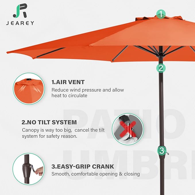JEAREY 12' Patio Umbrellas Outdoor Table Market Umbrella w/Crank, 8 Sturdy Ribs, UV Protection Windproof for Garden, Deck, Backyard, Pool(Orange)