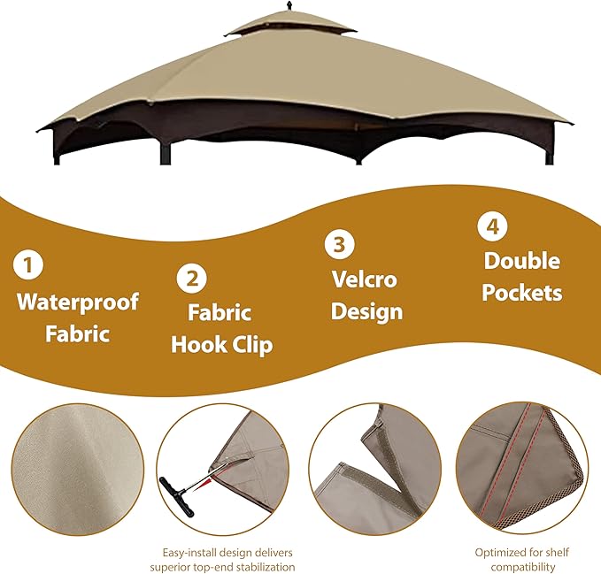 CoastShade Patio 10X12 Replacement Canopy Roof for Lowe's Allen Roth 10X12 Gazebo Backyard Double Top Gazebo(Khaki#GF-12S004B-1)