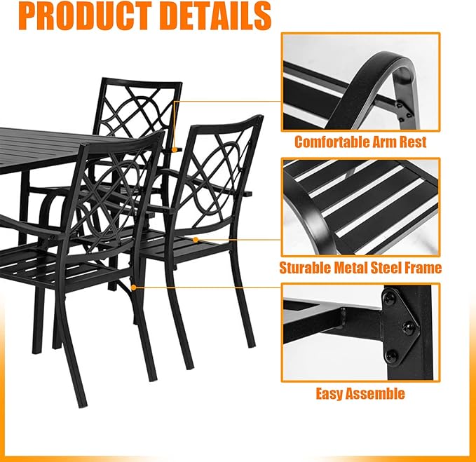 Crownland 5 Piece Outdoor Dining Set, Patio Metal Dining Sets, 4 Stackable Metal Chairs and Square Outdoor Dining Table with Khaki 9FT Round Outdoor Umbrella, for Backyard, Garden (Classic Black)