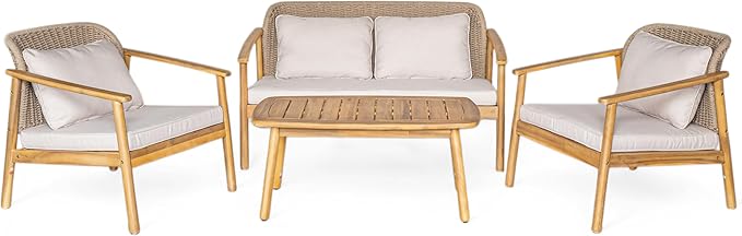 Christopher Knight Home Landon 4 Pieces Patio Conversation Set, Acacia Wood Loveseat and Coffee Table, Woven Rope Couch, Wood Club Chair, Armchair and Table Set for Garden Balcony Yard, Teak+Beige