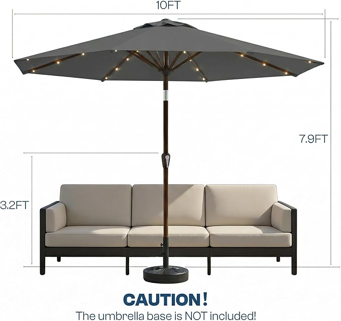 10FT Solar Patio Umbrella with Lights, Outdoor Table Market Umbrella with 32 LED Lights, 8 Sturdy Ribs, Push Button Tilt and Crank for Pool, Deck and Garden, UV-Resistant
