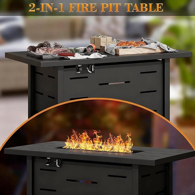 JAMFLY 4-Piece Patio Furniture Set with 43" Propane Fire Pit Table, Blue | All-Weather PE Wicker Sectional Sofa, Outdoor Conversation Set for Garden, Backyard & Deck