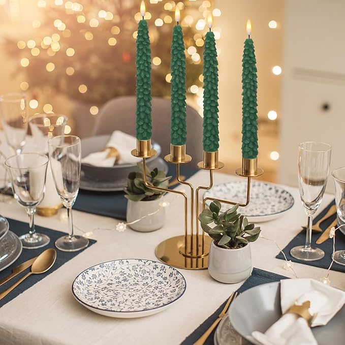 DRomance Christmas Tree Flameless Taper Candles Battery Operated with 10-Key Remote and Cycle Timer 4 Pack Real Wax 3D Wick Flickering LED Candlesticks Holiday Decor(Green, 0.79 x 9.9 Inch)