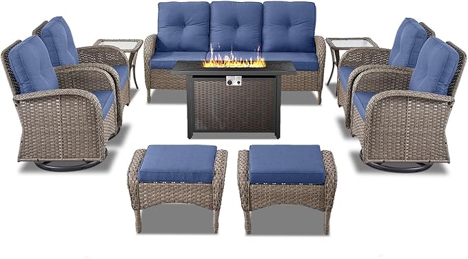 Belord Expansive 10 Pieces Outdoor Patio Furniture Set with 43” Propane Fire Pit Table, Patio Conversation Set with Swivel Rocker Outdoor Chairs Set of 4 and Sofa, Ottoman and Wicker Side Table
