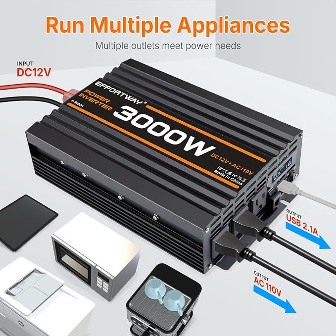 3000W Power Inverter, 12V DC to 110V/120V Modified Sine Wave Inverter with 3 AC Outlets, USB Port, Wired Remote Controller, Car Power Inverter for RV, Truck, Boat, Camping, Off-Grid