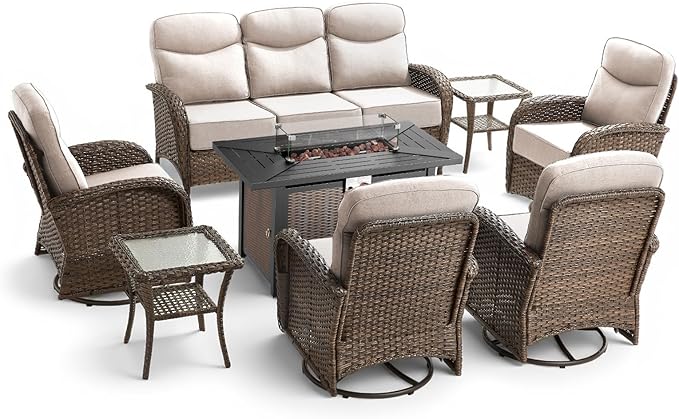 8 Pieces Luxury Patio Furniture Set with 42.5" Fire Pit Table, 6-Inch Thick Cushions Wicker Outdoor Furniture with Outdoor Rocking Chairs Set of 4, Outdoor Patio Conversation Set for Garden, Beige