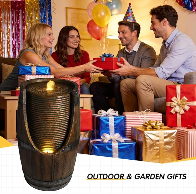 24.8'' Rustic Waterfall Garden Fountain for Patio and Yard - Wood-Look Barrel with LED Lights and Soothing Water Sounds, Weather-Resistant Resin Outdoor Decor