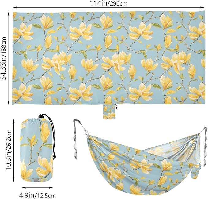 Camping Hammock Outdoor Hammocks for Outside Yellow Magnolia Flowers Beach Trees Portable Lightweight with Pockets Tree Straps Indoor Small
