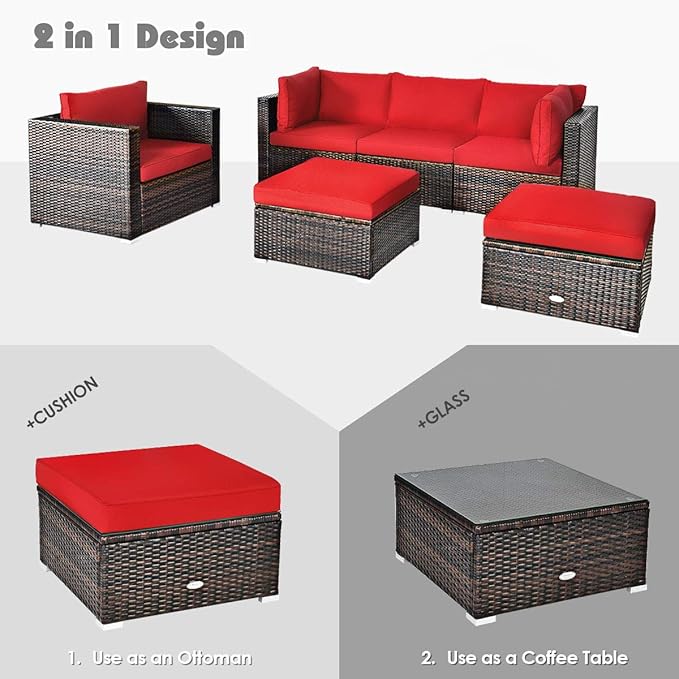 HAPPYGRILL 6PCS Patio Conversation Set Outdoor Furniture Set Rattan Wicker Sectional Sofa Set with Soft Cushions Coffee Table Ottoman for Backyard Garden Poolside