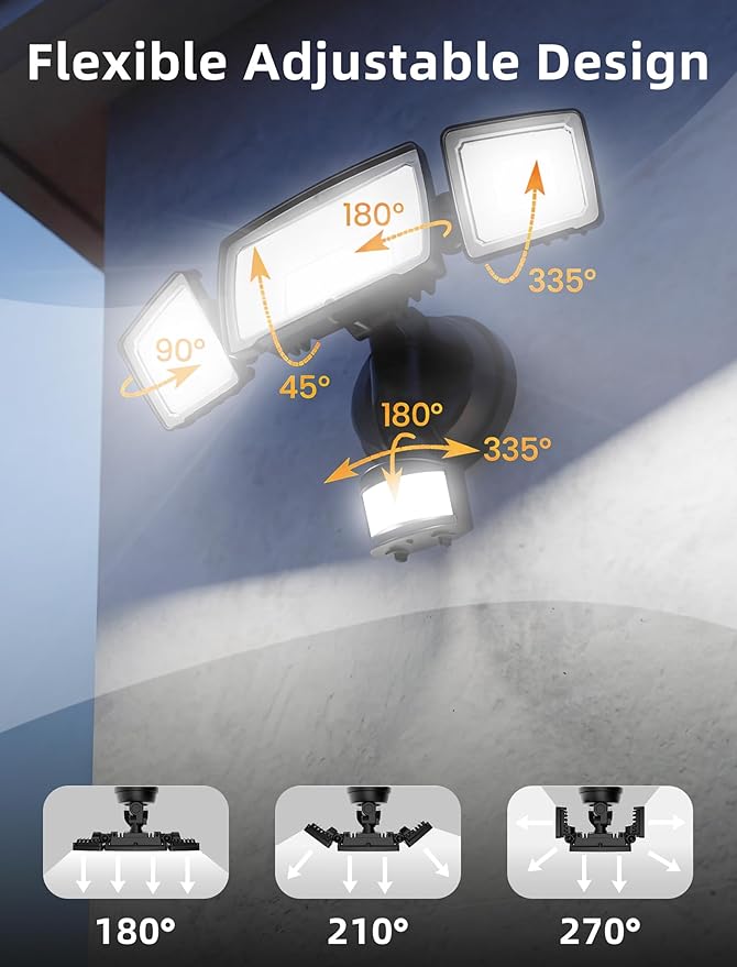 100W 11000LM Security Lights Outdoor with Remote Control, 6500K Daylight LED Flood Light, IP66 Waterproof, Dusk to Dawn Outdoor Lighting, 3 Head Motion Detected Outdoor Lights for Garage, Yard