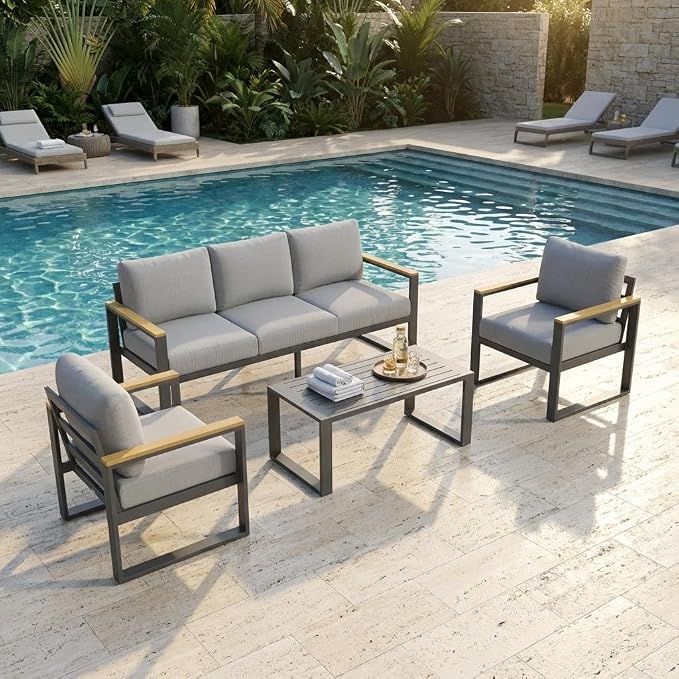 IDEALHOUSE Aluminum Outdoor Patio Furniture - 1 Pcs 3-Seat Sofa and Coffee Table, All-Weather Metal Modern Outside Furniture with Washable Thick Cushion for Balcony, Garden, Deck, Backyard,Gray