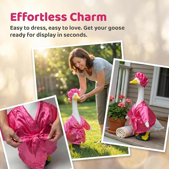 holoith Porch Goose Outfit for 23 Inch Concrete Cement Goose Statue | Lady Bathrobe Goose Clothes Set with Pink Bathrobe & Shower Cap, Summer Goose Costume for Lawn Yard Garden Patio Decor