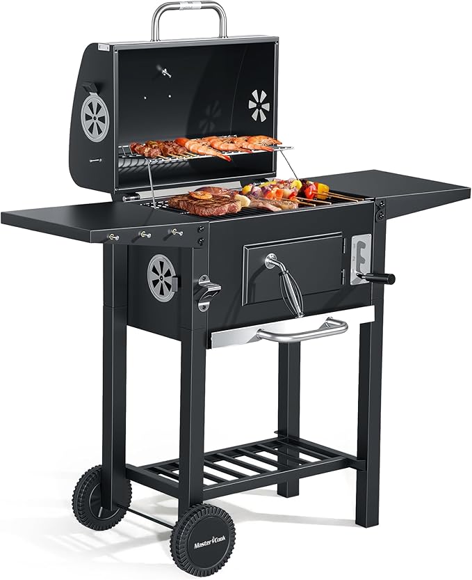 MASTER COOK Charcoal Grills with Two Foldable Side Tables, 353 Sq.In Cooking Area Outdoor Smoke Barbecue bbq Grill for Camping, Backyard Party, Patio, Picnic, Garden, Black,18"D x 43"W x 37"H