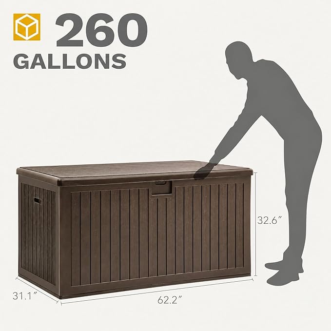 DWVO 260 Gallon Double-Wall Deck Box with Divider, XXL Extra Large Resin Outdoor Storage Box, Lockable & Waterproof, Double as Seating, 1000lbs Capacity (Brown)