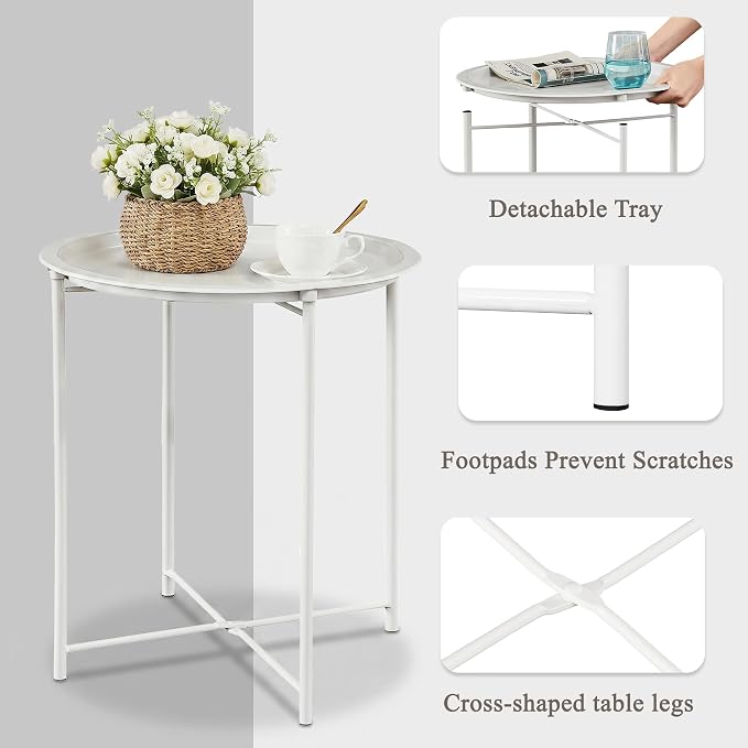 VECELO Side/End Table, Folding Round Metal Anti-Rust and Waterproof Outdoor or Indoor Tray for Living Room Bedroom Balcony and Office, 1 PCS, Beige