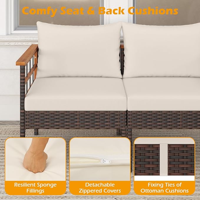 Tangkula 7 Pieces U Shaped Outdoor Wicker Furniture Set, Patio Cushioned Rattan Chairs with Ottomans & Side Table, for Backyard, Porch, Balcony