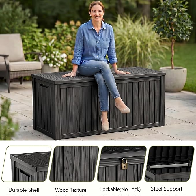 Waterproof Outdoor Storage Box Outside Deck Box Lockable Resin Bench UV Resistant Furniture Cushion Pool Tool Float Bin Patio Garden Porch (Black, 180 Gallon)
