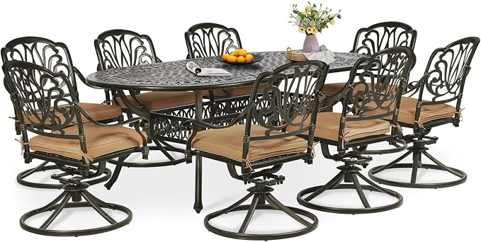 9-Piece Patio Dining Set, Oval Cast Aluminum Dining Table & 8 Swivel Chairs with Umbrella Hole