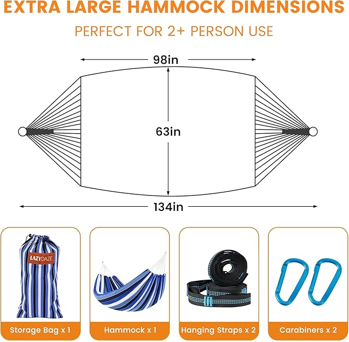 Lazy Daze Hammocks Extra Large Double Hammock, Portable Camping Hammock with Travel Bag & Tree Straps for Outdoor, Camping, Backyard, Patio, 550lbs Capacity, Blue