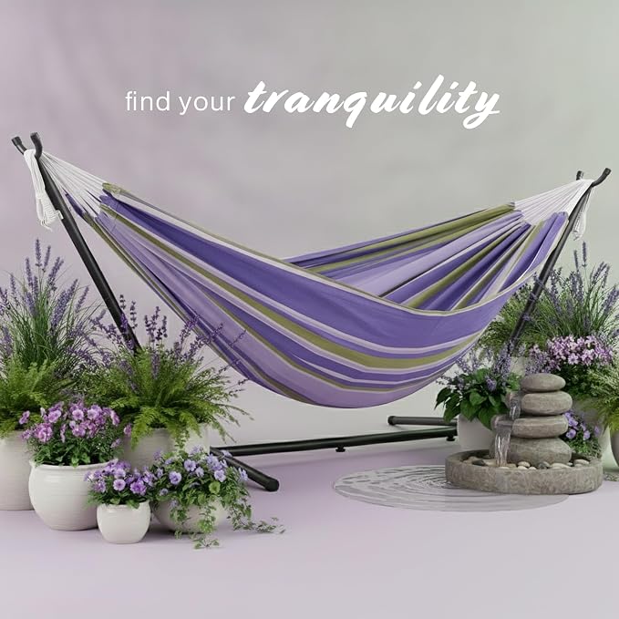 Vivere Double Cotton Hammock with Space Saving Steel Stand, Upgraded Polyester End Strings 450 lb Capacity - Premium Carry Bag Included - USA Grown Cotton (Tranquility)