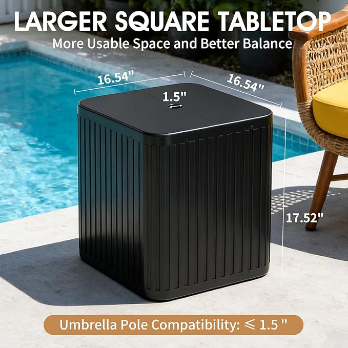 BoYata Outdoor Umbrella Side Table, 2-in-1 Outdoor Side Table with Umbrella Hole, 15.9 Gallon Fillable Umbrella Stand Base, Fit Up to 1.5" Pole, Square Patio Side Table for Poolside, Deck, Matte Black