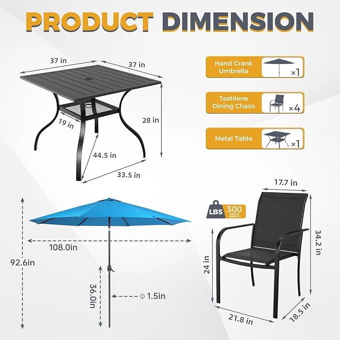 Incbruce 6 Pieces Patio Dining Set with Sky Blue Umbrella, Outdoor Dining Set of 4 Textilene Chairs and Square Table with Umbrella Hole for Backyard, Garden, and Poolside (Black)