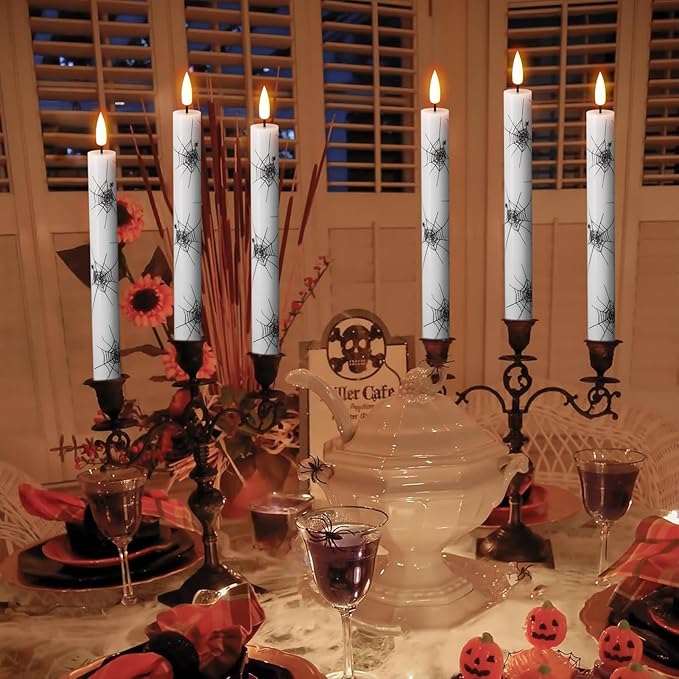 Eldnacele Halloween Flameless Taper Flickering Candles with Remote and Timer, Battery Operated Cobweb Decal Real Wax 3D Wick LED Candles White 4 Pack for Dinner Holiday Spooky Halloween Decor