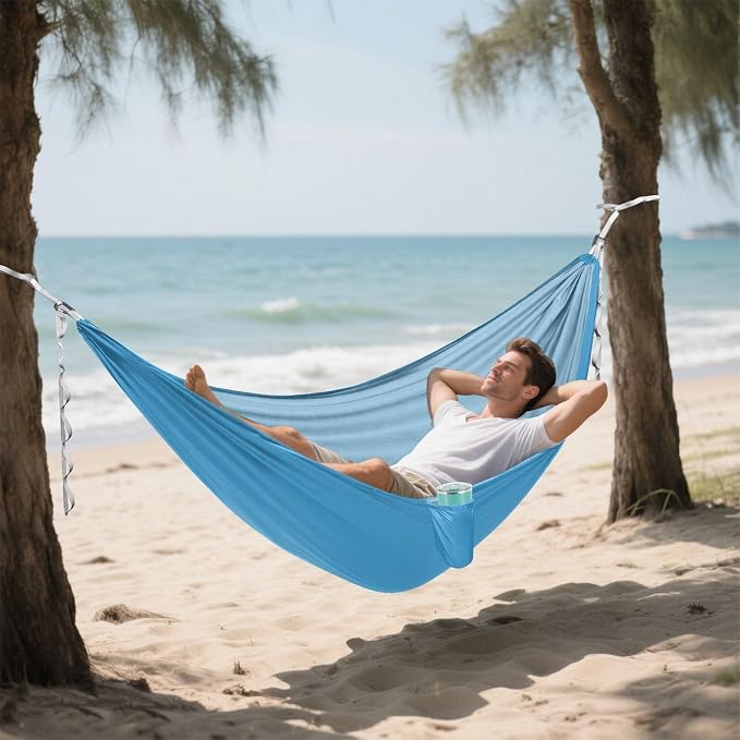 Blue Solid Color Camping Hammock, Portable Lightweight Single Hammock with Tree Straps and Aluminum Carabiners, 114" x 54" Travel Hammock for Hiking Backpacking Beach