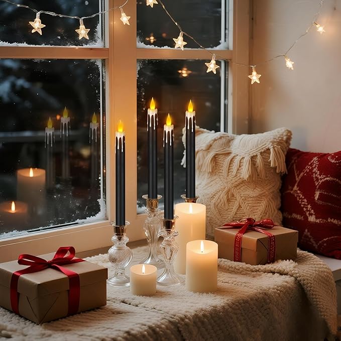 wemarry Flameless Taper Candles 10.6" Dripless Battery Operated Taper Candles Included Remote Timer 400+ Hours by 2AA Batteries for Halloween Christmas Wedding (Black+White, 24 Pack)