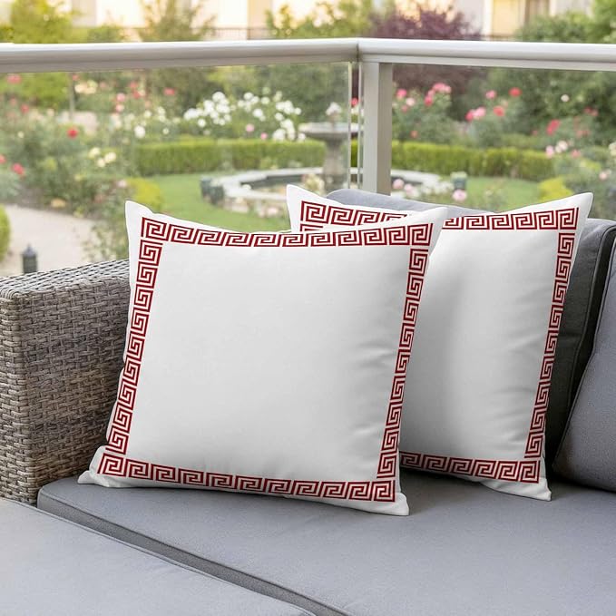 Outdoor Pillow Covers Set of 2, Greece Abstract Inspired Key Pattern Decorative Throw Pillow Covers 16X16IN, Red Twist Lines on White Throw Pillows Protector Cushion Case for Patio,Couch,Sofa,Garden