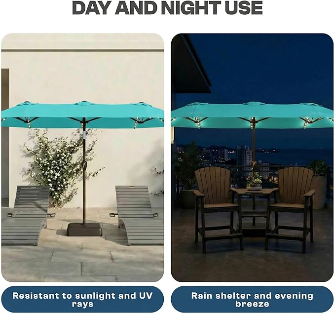 15FT Patio Umbrella with Solar Lights, Double-Sided Extra Large Outdoor Table Umbrella with Base Included, Heavy-Duty 12 Iron Ribs Market Umbrella for Garden, Pool, Backyard, Aqua Blue