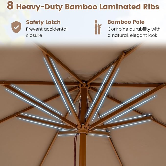 HAPPYGRILL 9 FT Patio Umbrella, Outdoor Table Market Umbrella with 8 Sturdy Bamboo Ribs, Wood Pole, Sun-Protective Double-Tier Canopy, Air Vent, Sunshade Parasol for Garden Deck Backyard Pool (Tan)